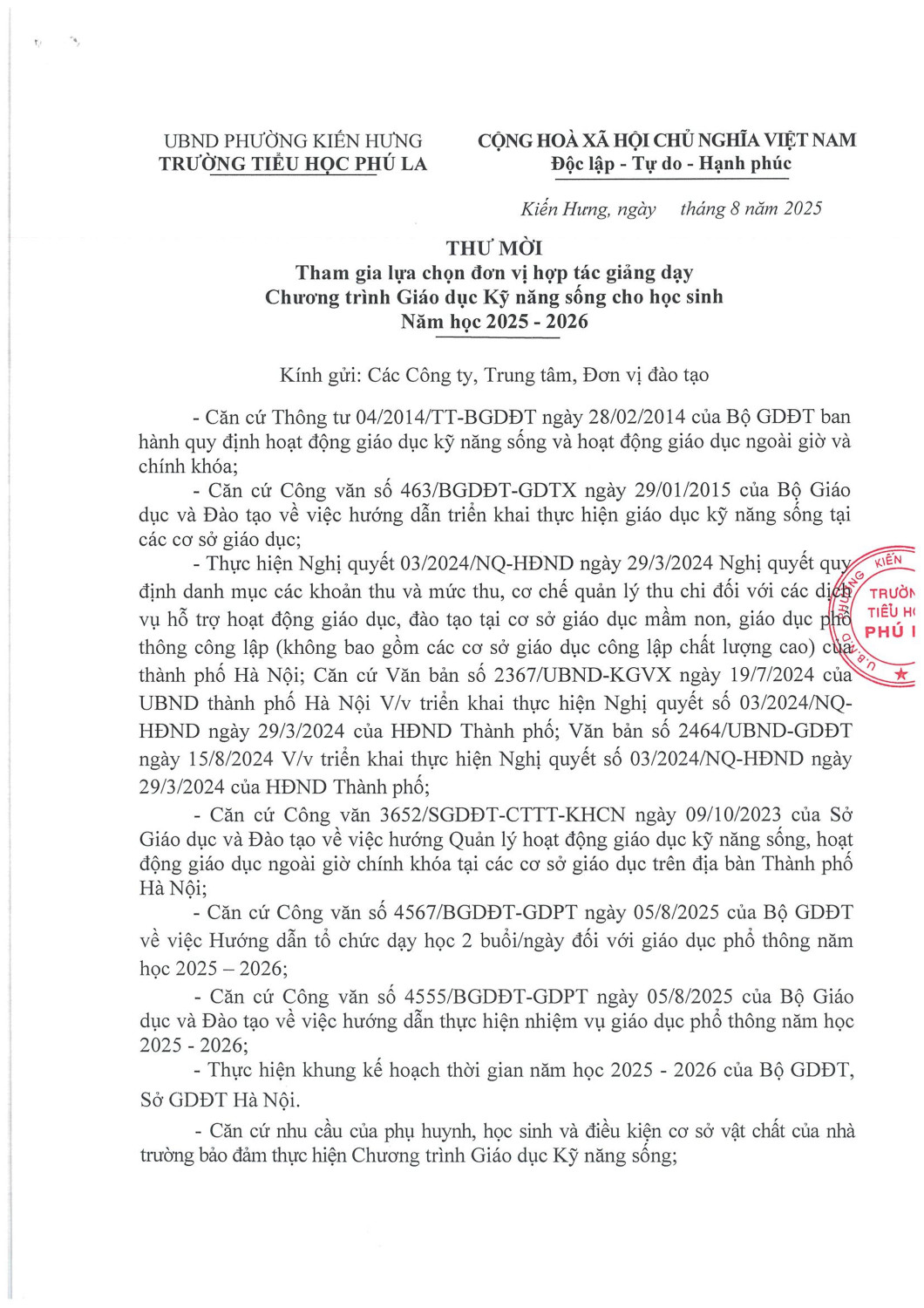Thông báo mời Tham gia lựa chọn đoìi vị họp tác giảng dạy Chuông trình Giáo dục Kỹ năng sống cho học sinh Năm học 2025 - 2026