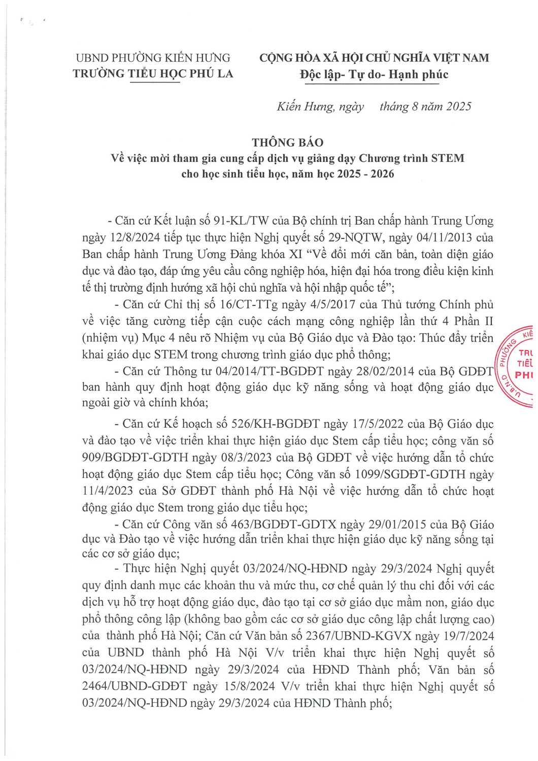 Thông báo mòi tham gia cung cấp dịch vụ giảng dạy Chuông trình STEM cho học sinh tiêu học, năm học 2025 - 2026
