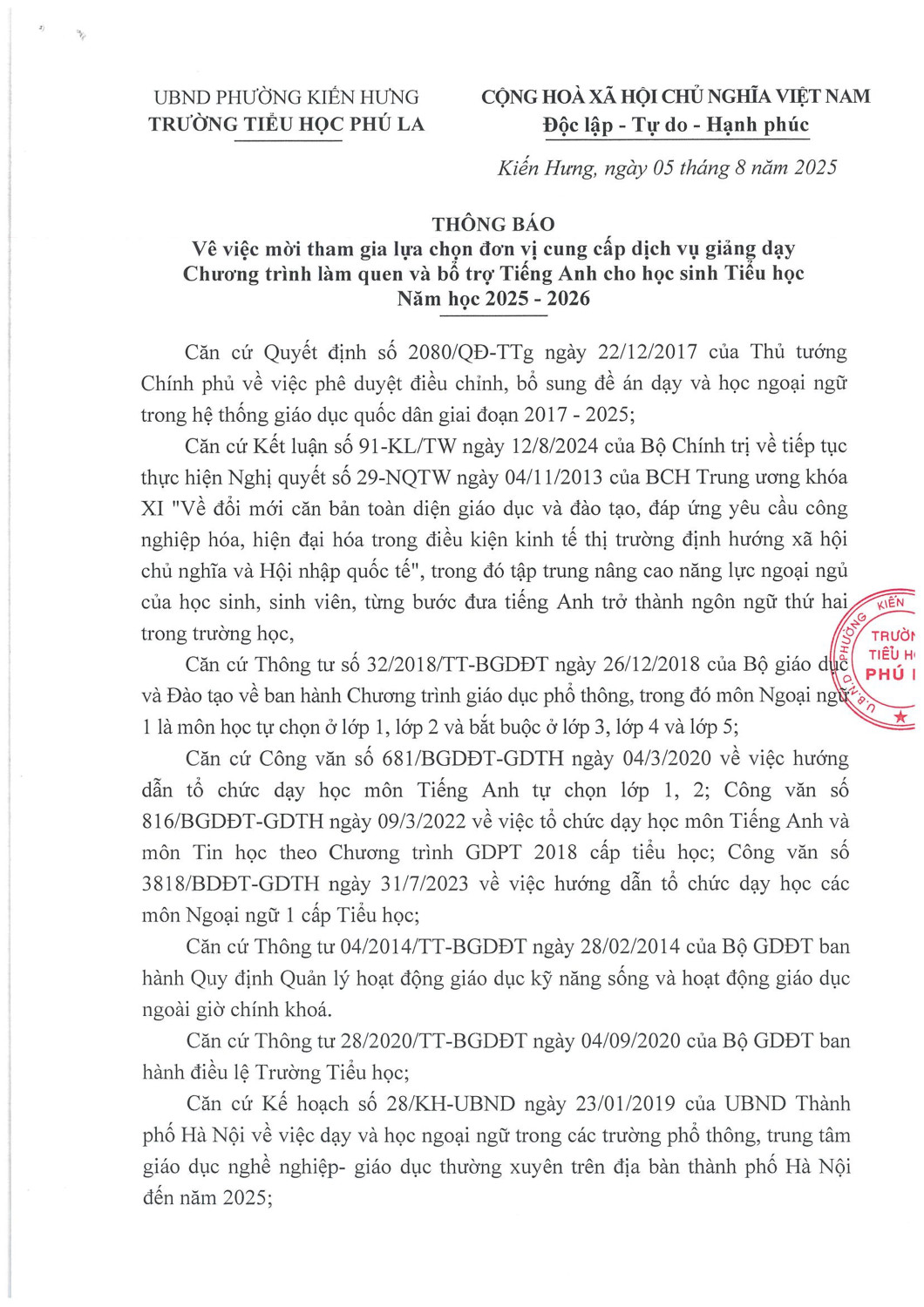 Thông báo mò’i tham gia lựa chọn đon vị cung cấp dịch vụ giảng dạy Chương trình làm quen và bố trợ Tiếng Anh cho học sinh Tiếu học Năm học *2025 - 2026